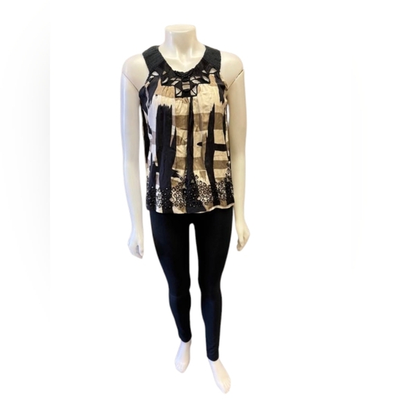 Gold Hawk 100% Silk Overlay Tank Creme/Black/Taupe Size Small - Picture 2 of 8